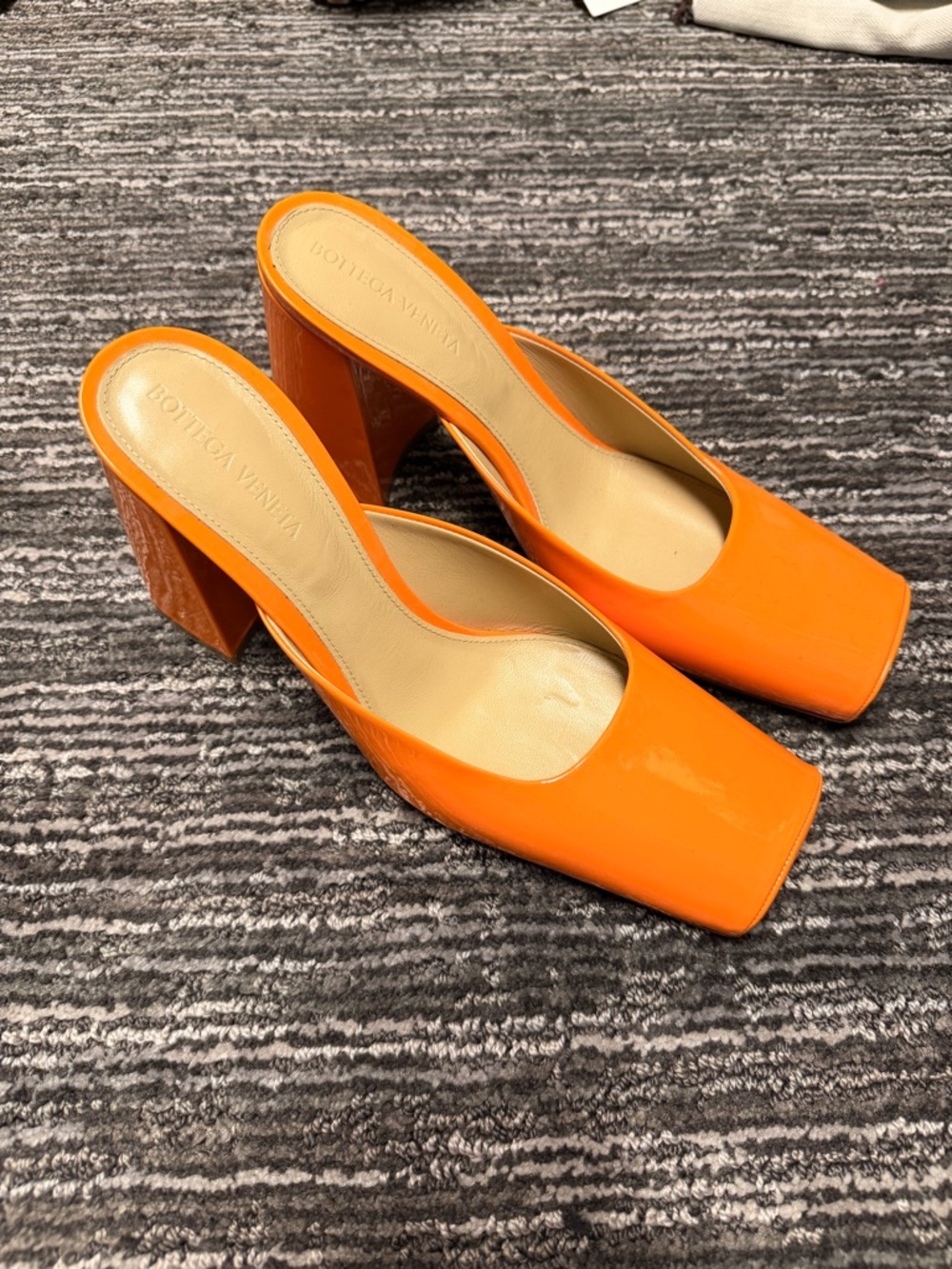 Bottega Veneta Bright Orange Patent Square-Toe Block Heel Mules